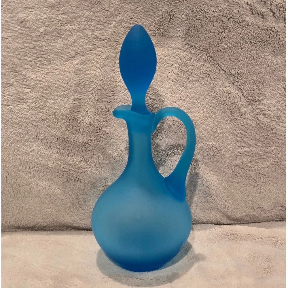 Vintage Frosted Blue Satin Glass Decanter with Stopper Hand Blown Art Glass Ewer
